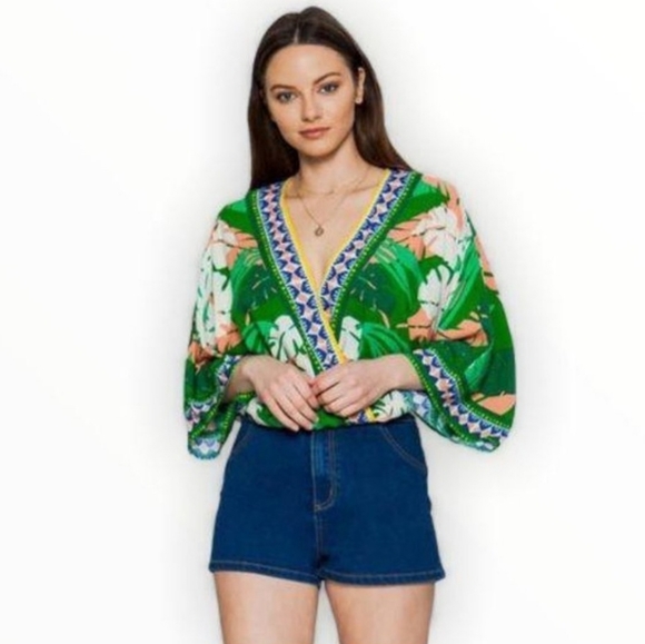 Tops - Palm Leaf Print /Kimono Sleeves Blouse